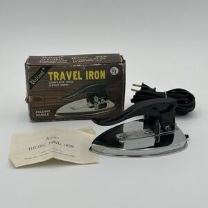 Vintage Valiant Travel Iron with Box 8ft Cord Folding Handle Tested And Works